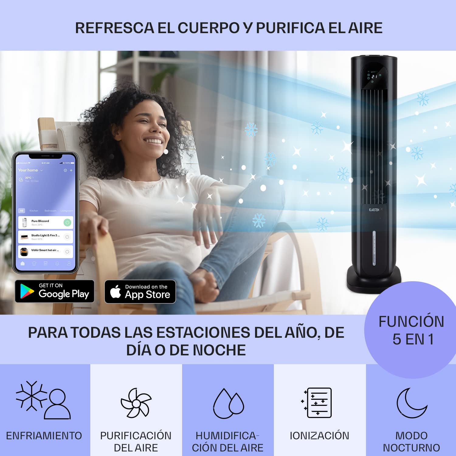 Klarstein Polar Tower Smart Climatizador Evaporativo – 4 en 1: Ventilador, Humidificador & Purificador, Control App & Alexa, Depósito 7L, 3.306 m³/h, Modo Noche, Portátil con Ruedas, Negro