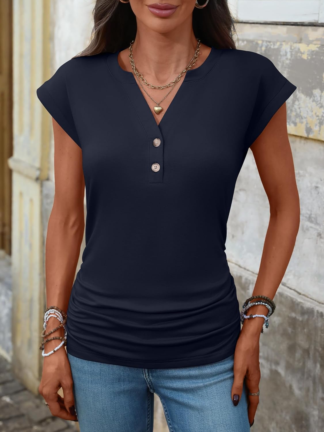 ANRABESS Womens Cap Sleeve Henley Shirts V Neck Ruched Side Top 2026 Summer Dressy Work Blouse Business Casual Outfits - Image 2