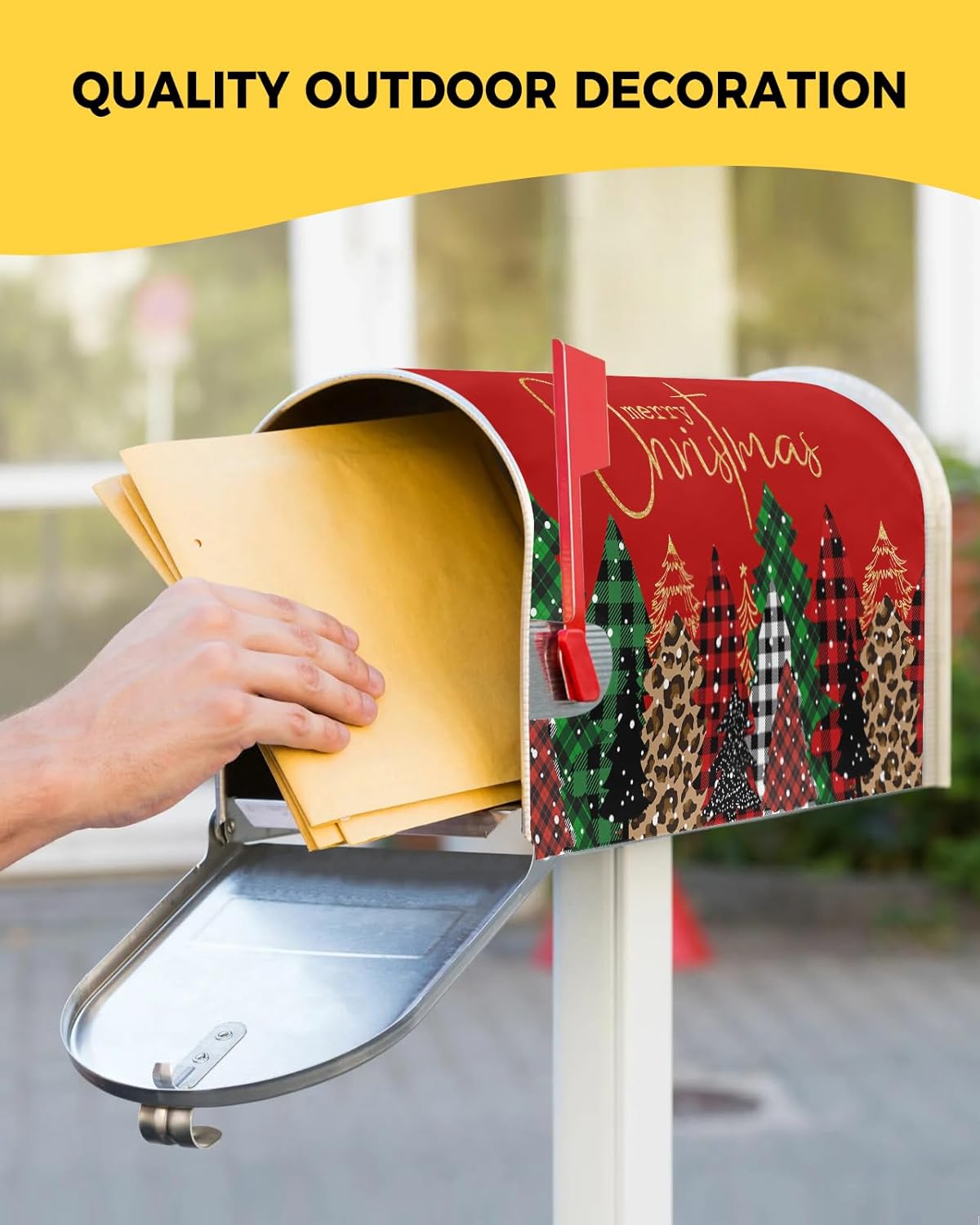 Merry Christmas Magnetic Mailbox Cover, Leopard Print and Buffalo Xmas Tree Mailbox Wraps Post Box Cover Garden Yard Outdoor Decor Standard Size 18x21 Inch