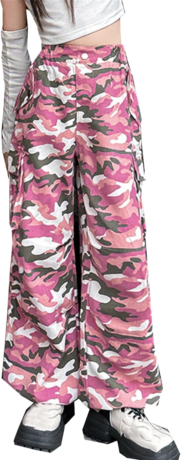 SANGTREE Girls Cargo Pants Loose Streetwear Hip Hop Dance Wide Leg Pants for Kids, 4-14 Years