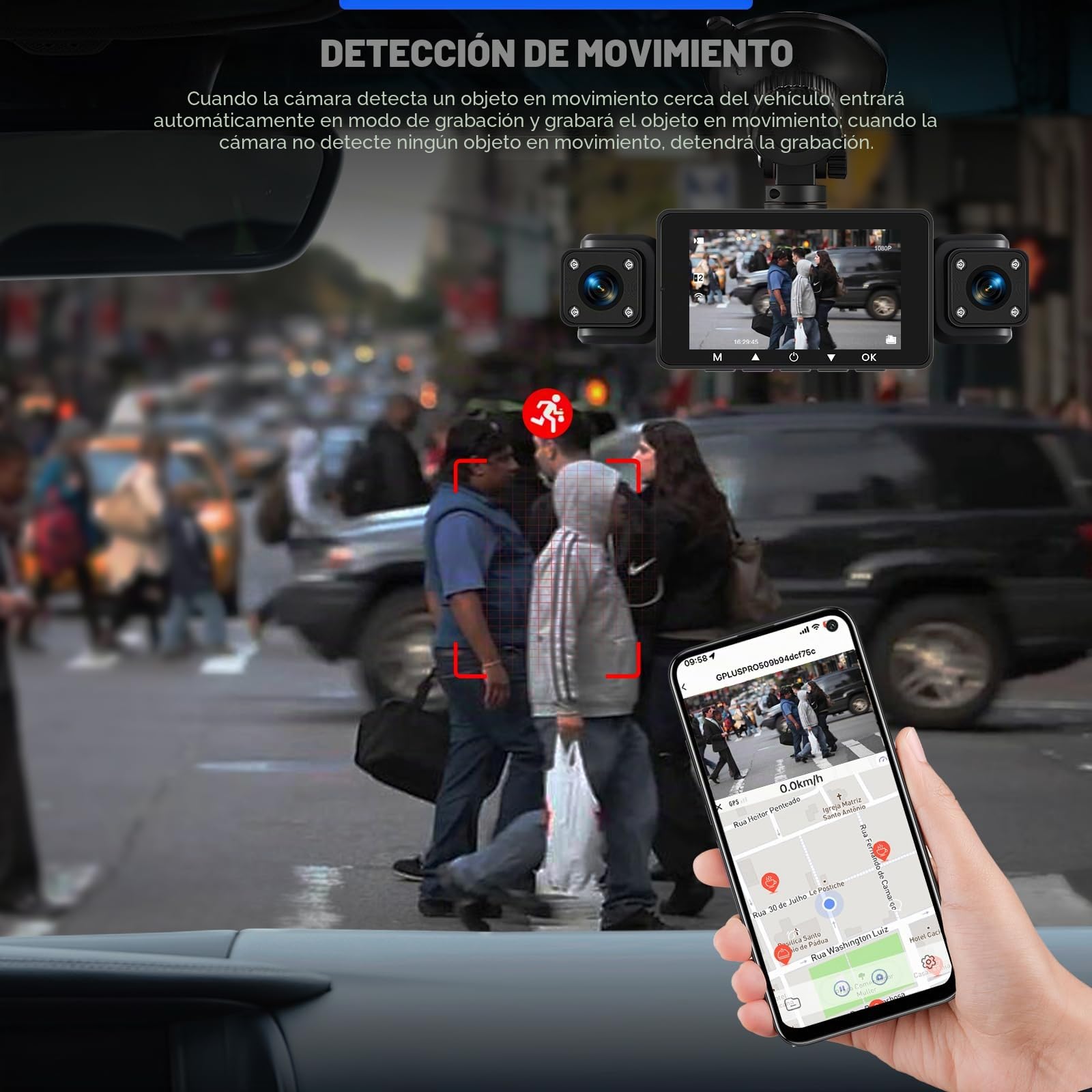 360 Grados 4 Canales Todo Alrededor 1080P Car Dash CAM, 3 Pulgadas IPS Pantalla con WiFi/64GB/G-Sensor/Cámara Trasera/24H Modo Aparcamiento/Visión Nocturna/Grabación en Bucle