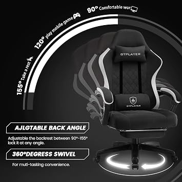 GTPLAYER Fabric Gaming Chair with Footrest, Ergonomic Computer Desk Chair with Pocket Spring Cushion Home Office High Back Support Lumbar Support Heavy Duty Wide,Dark Black