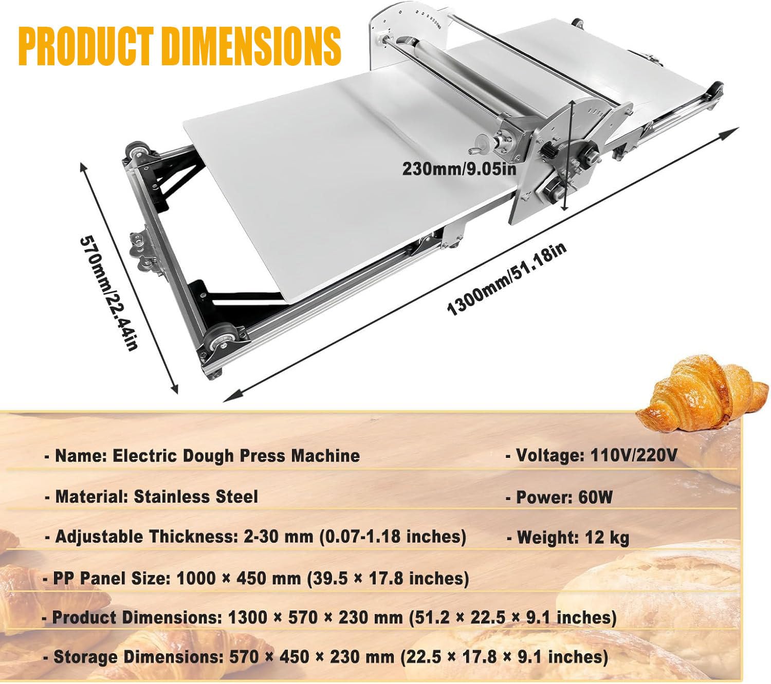Laminadora de Masa eléctrica Plegable, laminadora de Pasta Plegable, laminadora Manual de Masa, laminadora de Masa eléctrica de Acero Inoxidable, para Uso doméstico y Comercial.