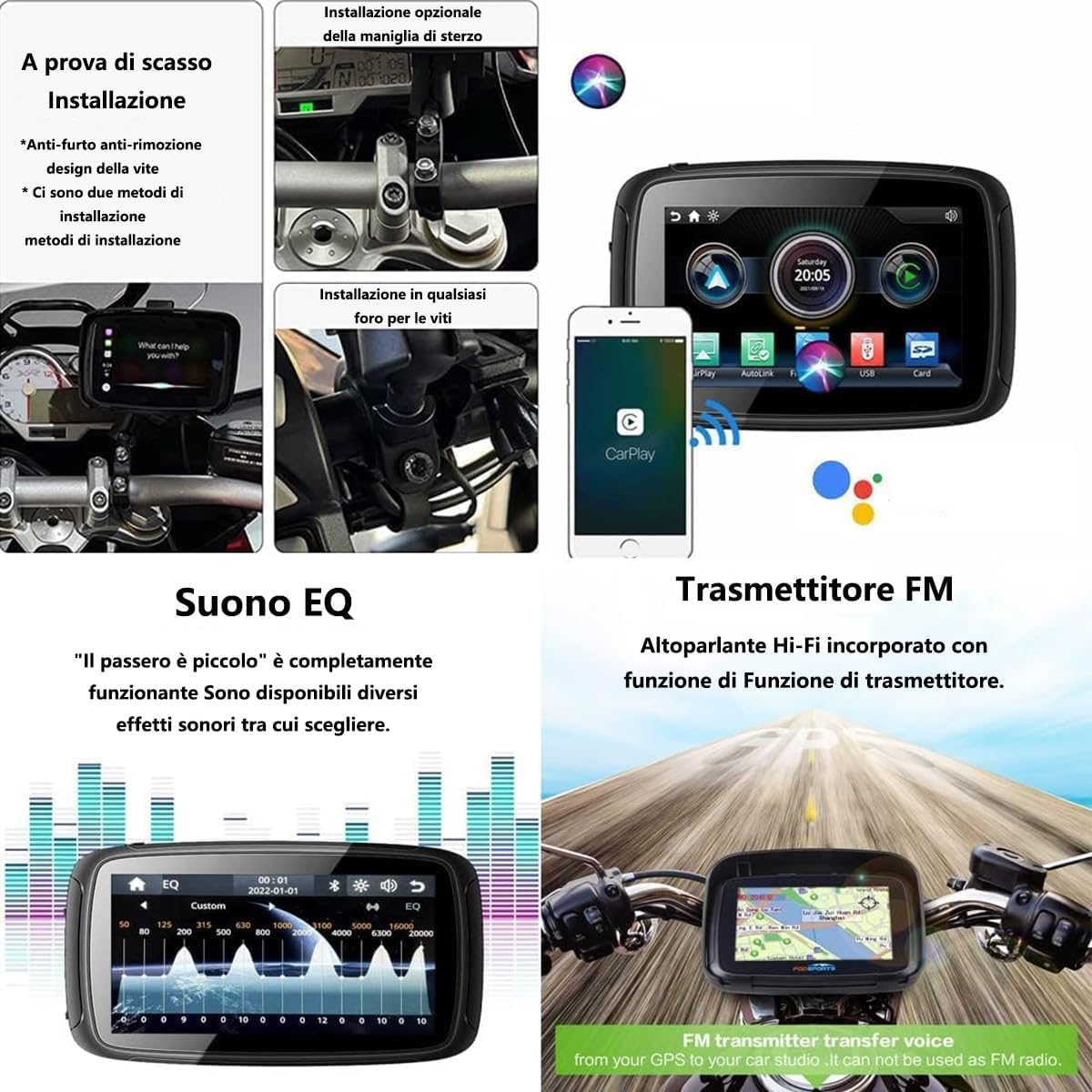 Navigatore GPS Per Moto, Carplay Wireless Touch Screen Da 5 Pollici, IPX7 Impermeabile, Connessione BT, WIFI 4G USB Plug And Play, Posizionamento Preciso, Mappa In Tempo Reale