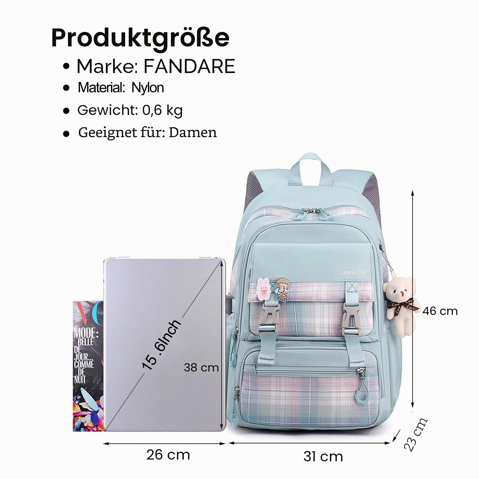 FANDARE Schulrucksack Schulrucksack Schultasche Herren Damen Rucksack Schulranzen für Outdoor Reise Daypacks Freizeitrucksack Rucksack mit Plüschanhänger & Nettes Abzeichen Wasserdicht Nylon Blau