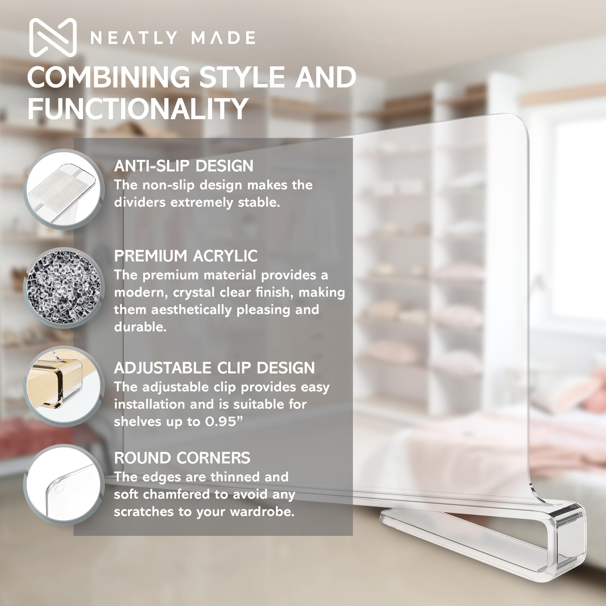 Neatly Made Clear Acrylic Shelf Dividers for Closets - 6 Pack- Shelf Dividers for Wood Shelves & Linen Closet Organizer - Sturdy and Easy Set-Up Closet Dividers