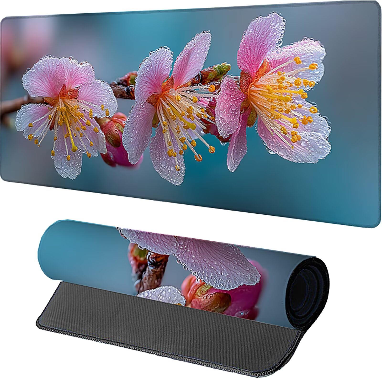 Podkładka pod mysz XXL kwiat, różowa podkładka pod mysz na biurko 1600 x 800 x 3 mm, podkładka na biurko z antypoślizgową gumową podstawą, podkładka pod mysz do gier z szytymi krawędziami, akcesoria