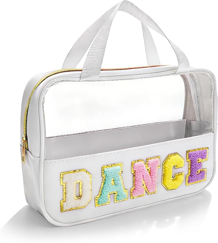 Necessaire de maquiagem KRYZMET com janela transparente, patch chenille DANCE, zíper e alça, branca, 1 unidade