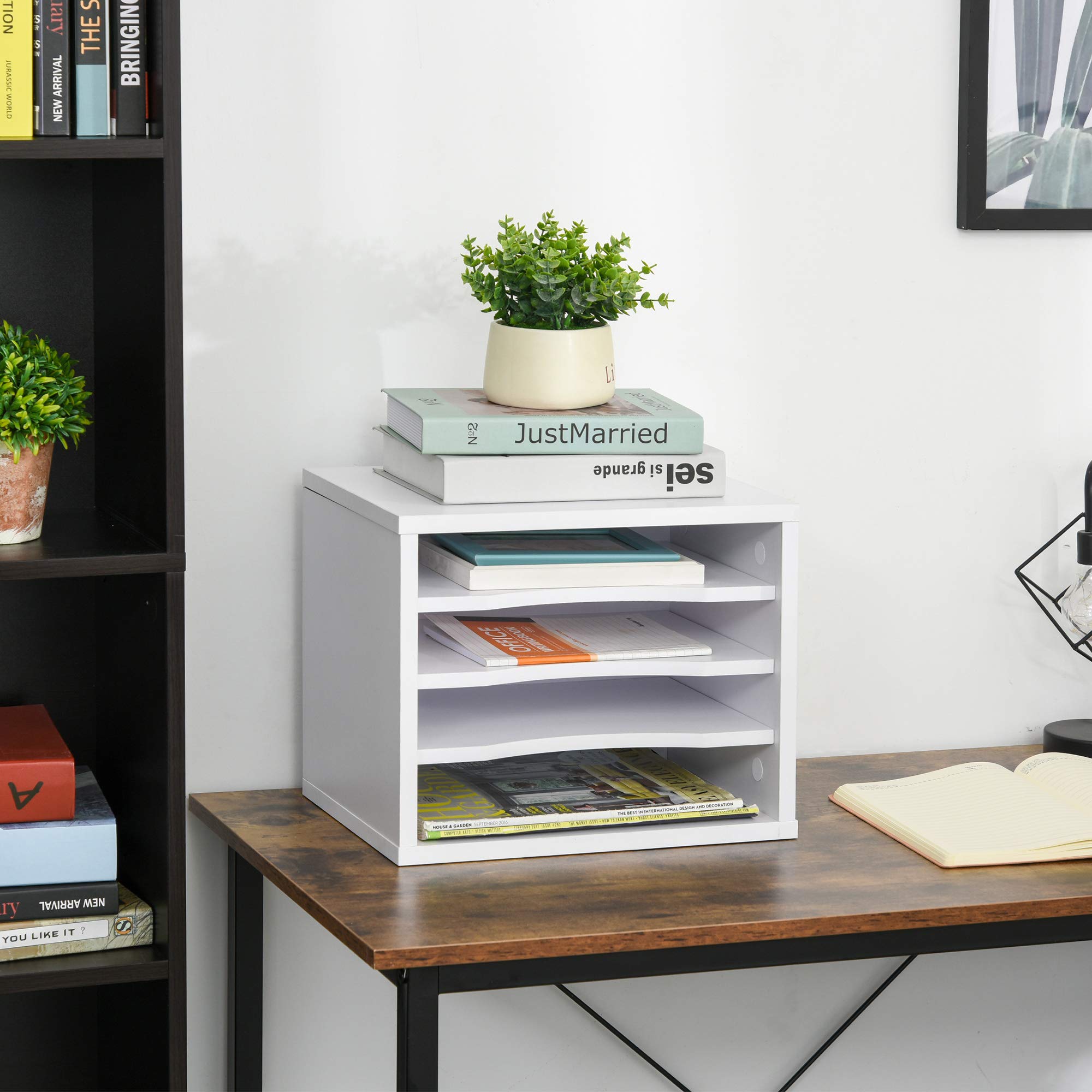 Vinsetto Organiseur bureau bois blanc avec 4 couches fournitures support d'imprimante dim. 35,5L x 25l x 28,6H cm