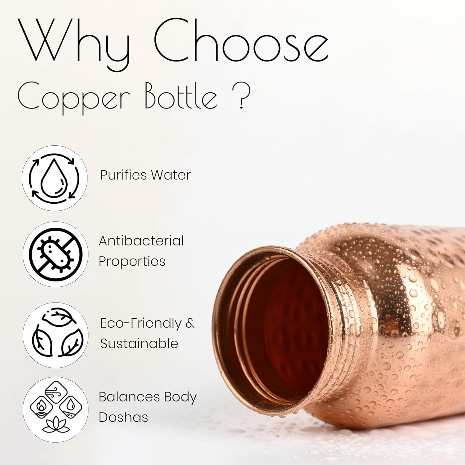 Pure Copper Water Bottle, Hammered Design, 34oz Capacity, Leak-Proof, with Carrying Bag, Straw, Cleaning Brushes for Ayurvedic Health, Hydration, Yoga, Office, Travel