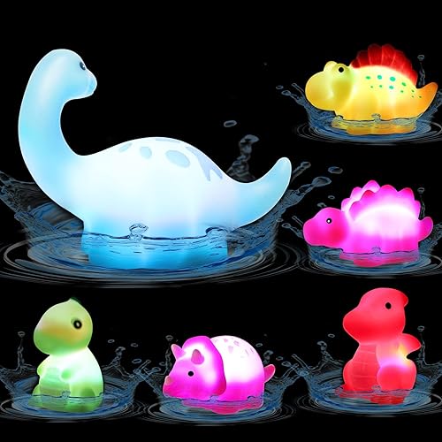Miniatura 1 de Juguetes de baño de dinosaurios, paquete de 6 juguetes de bañera de goma flotantes coloridos que se iluminan para bebés y niños pequeños en el agua,