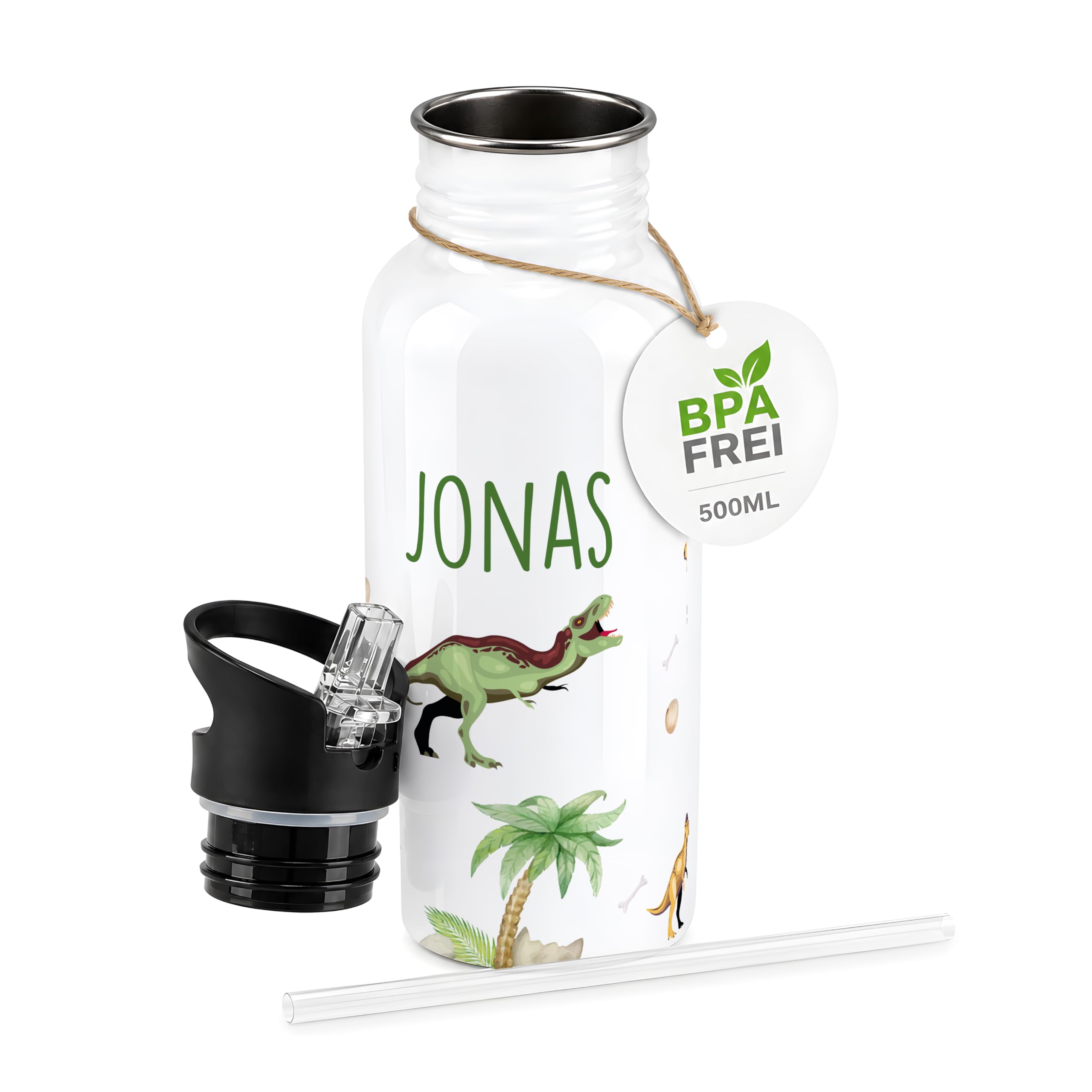 Kidsmood - Gourde personnalisée pour enfants en acier inoxydable de 500 ml avec paille intégrée, anti-fuite, passe au lave-vaisselle et parfaite pour l'école et la maternelle