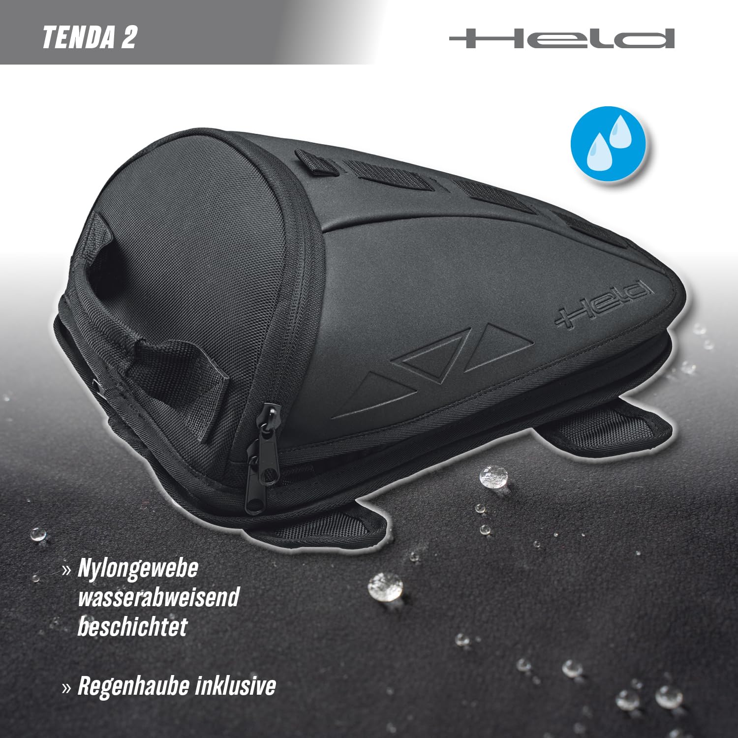 Held Tenda 2 Motorrad Hecktasche und Tankrucksack - vielseitige Tanktasche mit verstellbaren Schultergurte - 10L Volumen, Nylongewebe, 100% wasserdicht durch Regenhaube, Schwarz