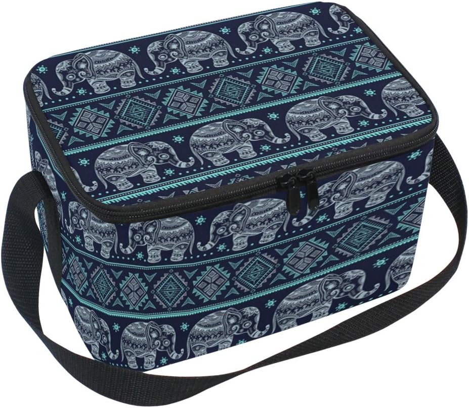 Floral Animal Indian Elephant Lunch Box Bag, Insulated Cooler Ice Lunch Tote Bag Reusable for Men Women Adult Kids Boys Girls