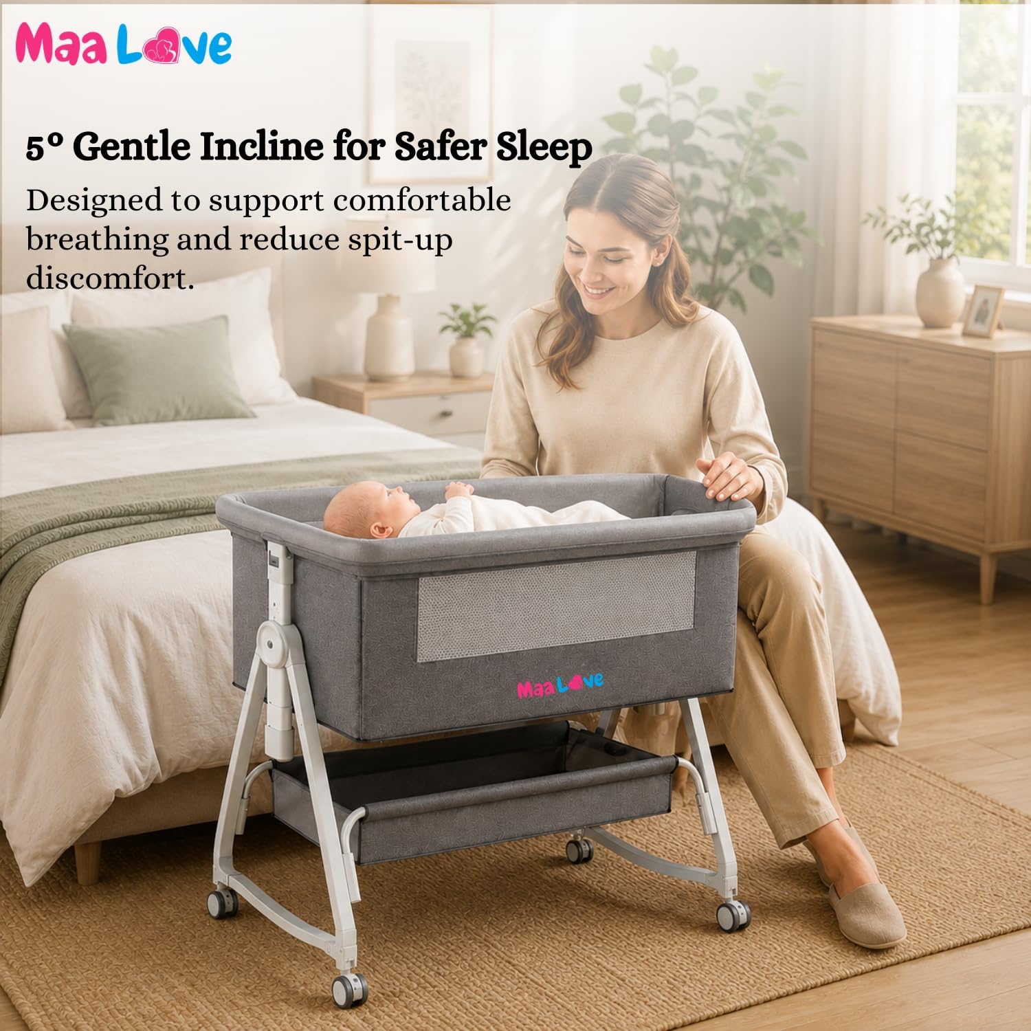 MaaLove Premium Bedside Crib for Baby with Rocking Bassinet for New Born with 4 Height Adjustable & Recline Baby Cot with Mosquito Net&Storage Box Bedside Cribs & Cots for 0 to 2 Years (Grey) 2