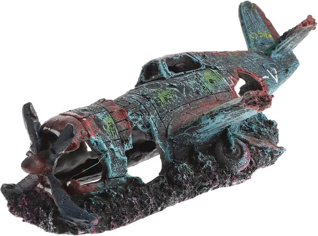 S-Lifeeling Fish Tank Decoration Fighter Vintage Airplane Ruins Submarine Landscape Fish Shrimp Shelter Cave Hideout Resin Aquarium Decor Turtle Tank Decoration