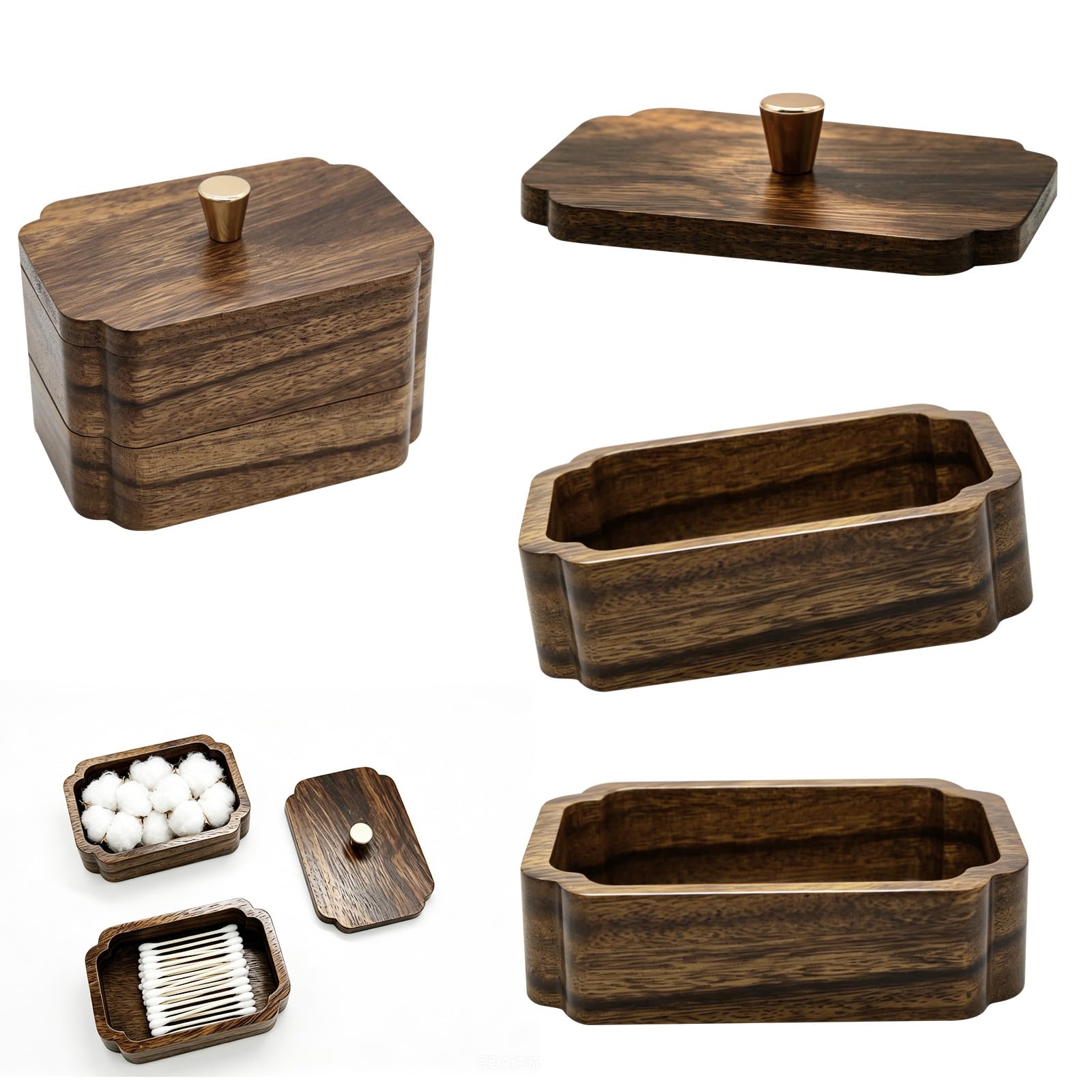 CYUXING 1pcs Walnut Wood Holder with Lid, Cotton Swab Holders Holder with Lid, Cotton Ball And Holders, Bathroom Organizer, for Bathroom Countertop Vanity Home Decor