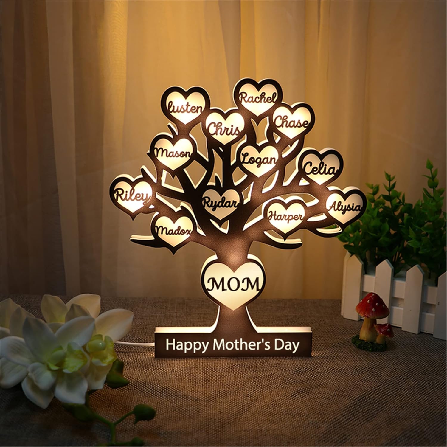 Personalized Family Tree Name Lamp Custom Mom Acrylic Night Light with 1-12 Names Tree of Life Frame Sign Mom LED Light Family Name Sign Decor Gifts for Mom Grandma Birthday