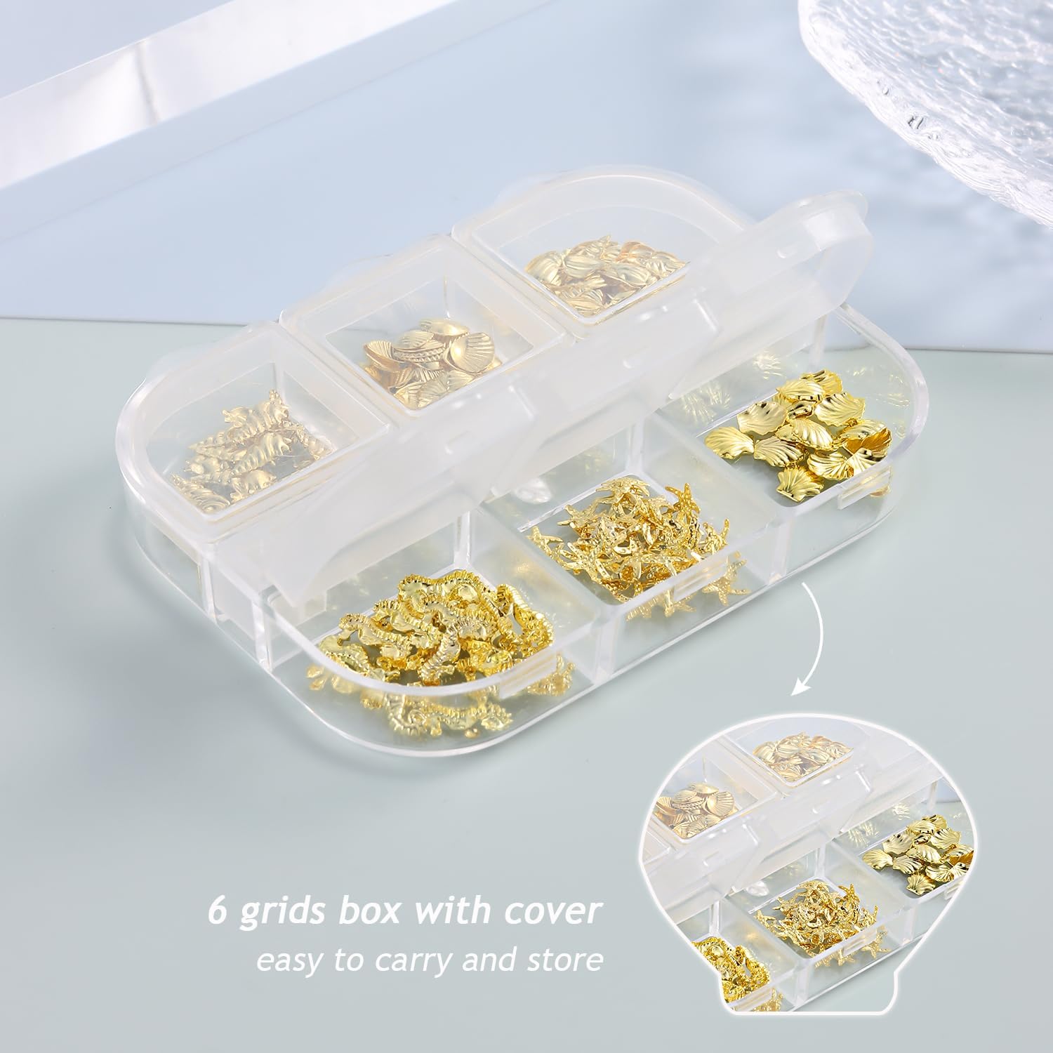 6 Compartiments Breloques De Nail Art En Forme Coquillage D'Été, Bijoux Ongles Nail Art Thème Océan, Breloques Ongles, Coquillage Decoration Pour DIY Décoration De Cartes Et Coques