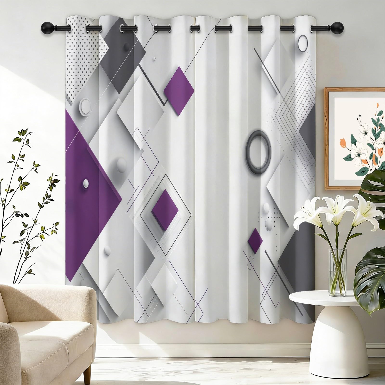 Rideaux Occultants Isolants Anti-Froid 91.5L X 160H cm (2 Panneaux), Design Géométrie Minimaliste Moderne, Tenture à Œillets Opaque pour Salon et Chambre, Gris Violet