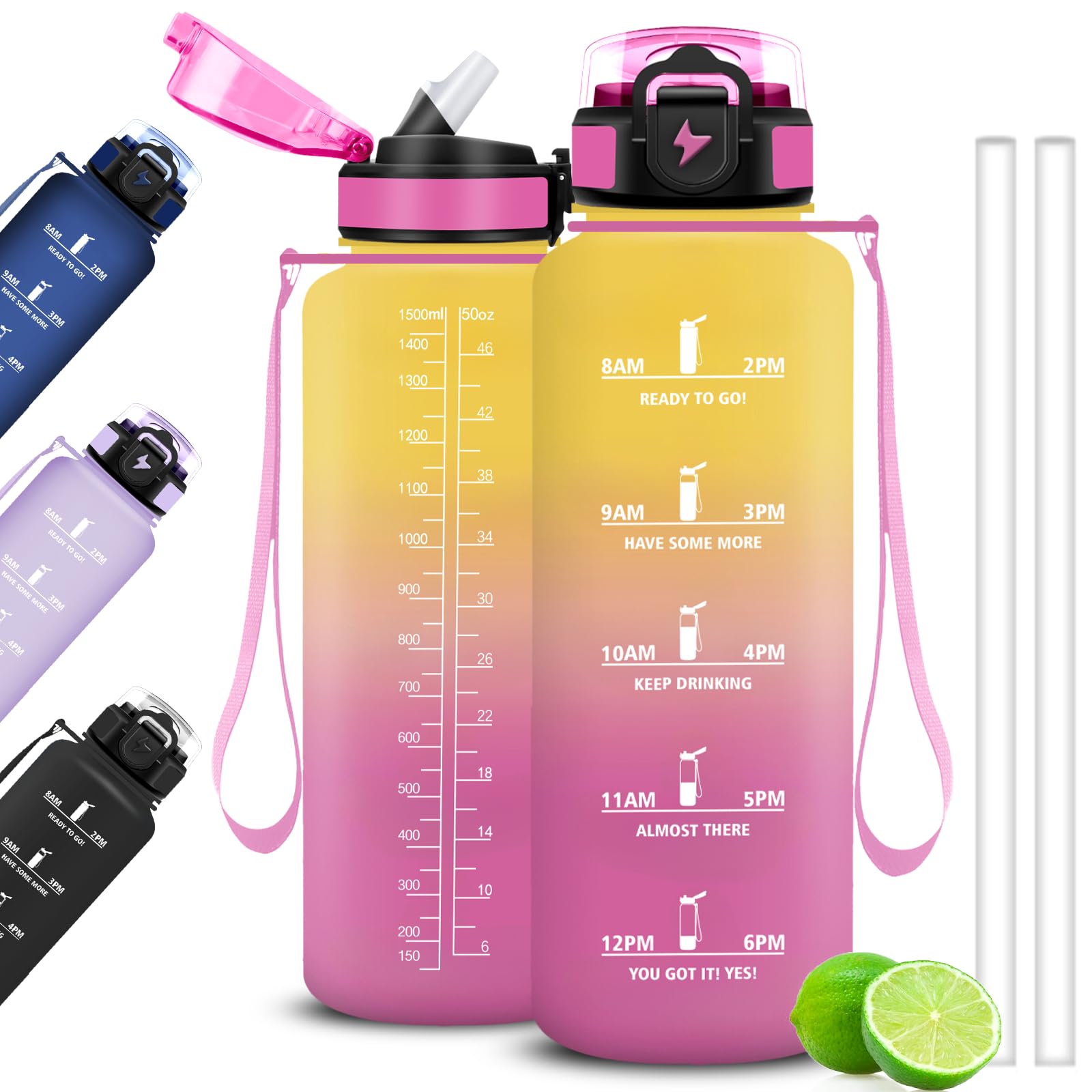 Mujigaga 1.5 Litre Water Bottle Gym Water Bottle with Straw and Drinking Times, Motivational Water Bottles, Leak Proof Water Bottles for Gym, School, Sports