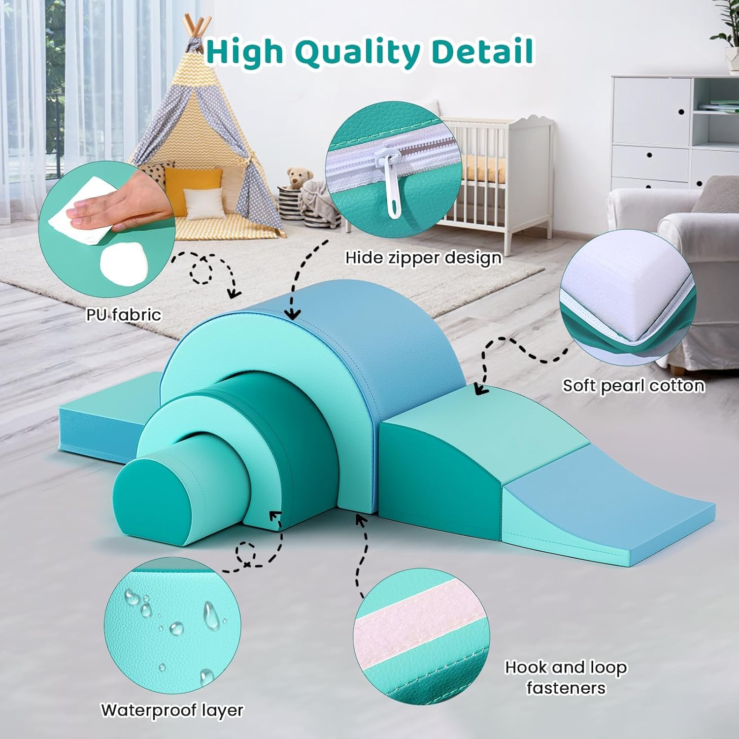 5-teiliges weiches Baby-Krabbelset mit Tunnel und Rutsche, Motorikspielzeug ab 1 Jahr, bunte Bausteine (Schnecken-Design) aus hochdichtem Schaumstoff, sicher und leicht, fördert Kreativität & Bewegung