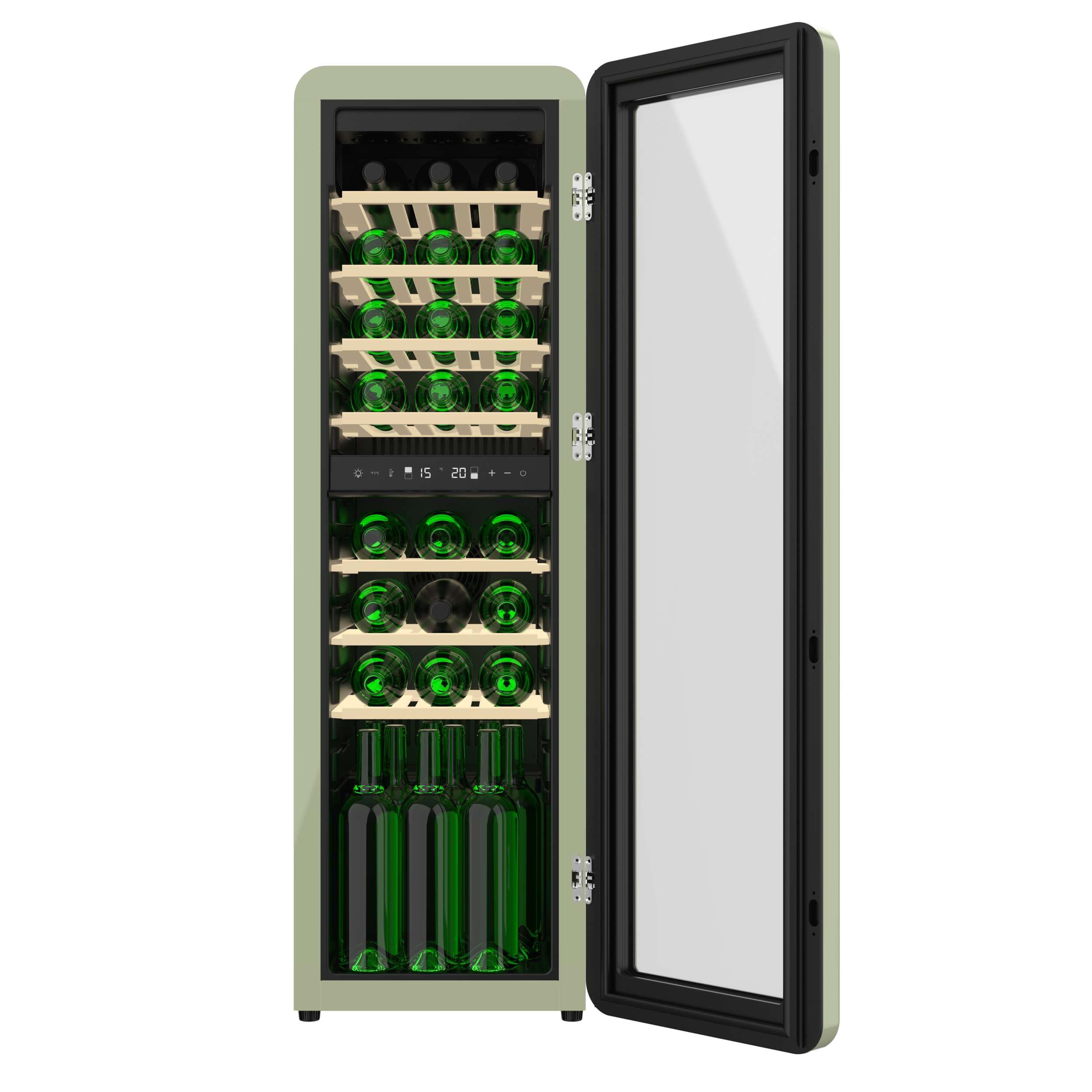 Cecotec Bolero Grandsommelier Origin Duo 30 Hit Green Weinkühlschrank 30 Flaschen 2 Temperaturzonen NoFrost LED-Steuerung Holzregale