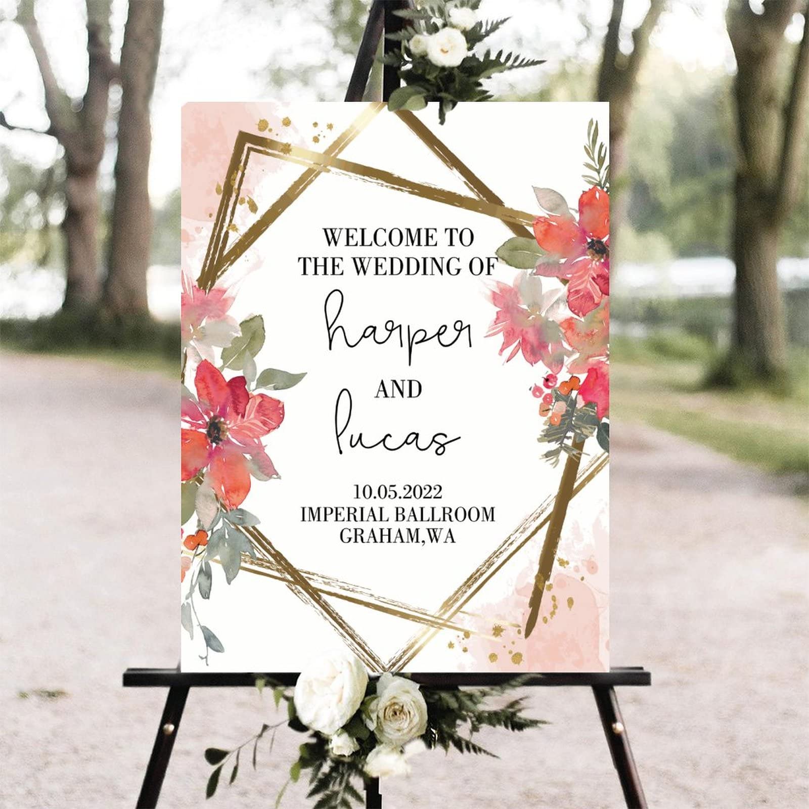 Benutzerdefiniertes Hochzeitsschild mit rotem Blumenkranz, elegantes Holz-Hochzeitsschild, Vintage-Stil, Hochzeitsfeier, Empfang, Schild für Hochzeit, Hochzeit, Party, Dekoration, 45,7 x 61 cm