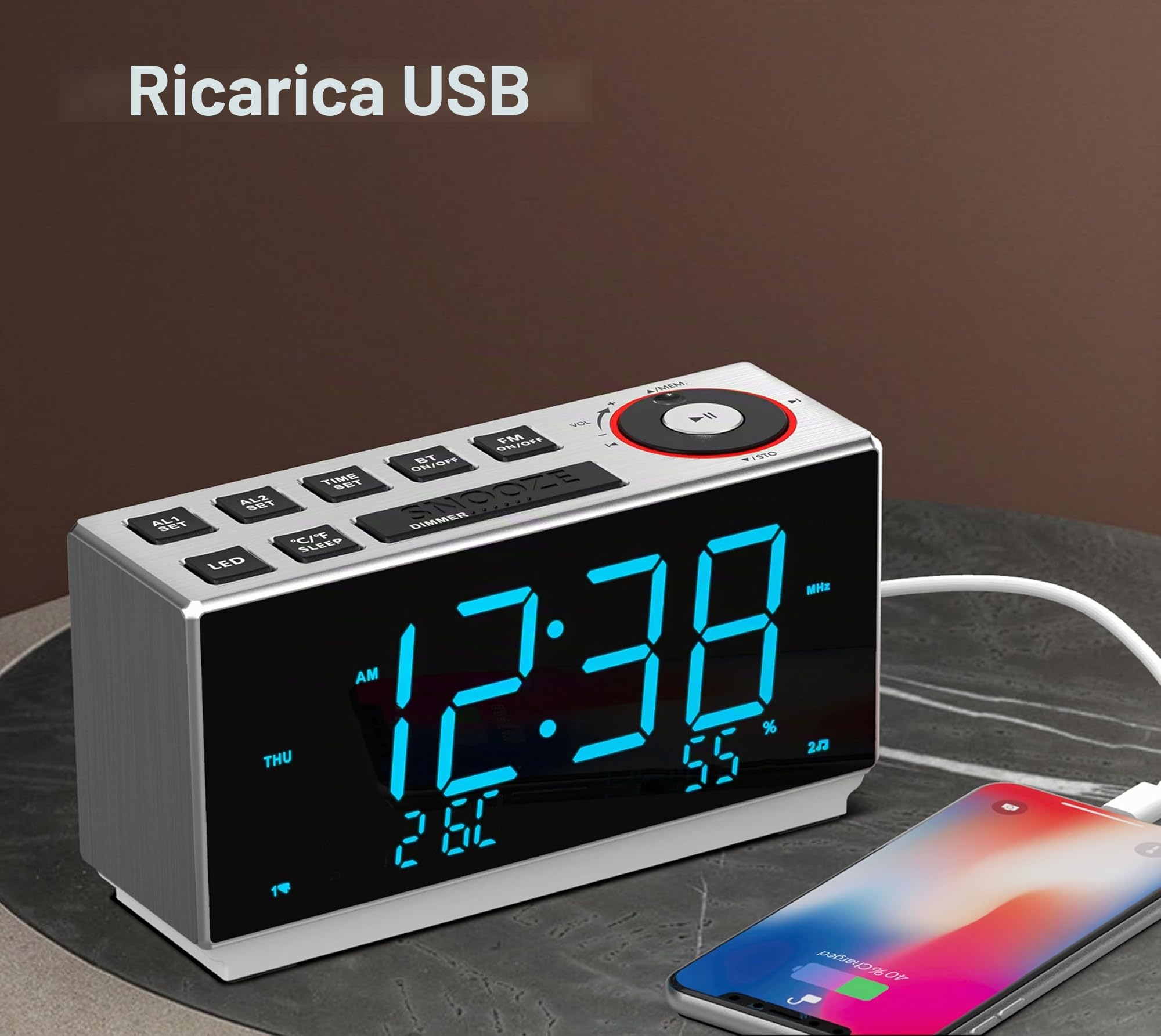 iTOMA Sveglia con radio FM, Ricarica USB, Display LED Blu Ghiaccio da 1,8", Luce Notturna, Doppio Allarme, Snooze, Controllo Dimmer, Orologio Elettronico da Comodino CKS508