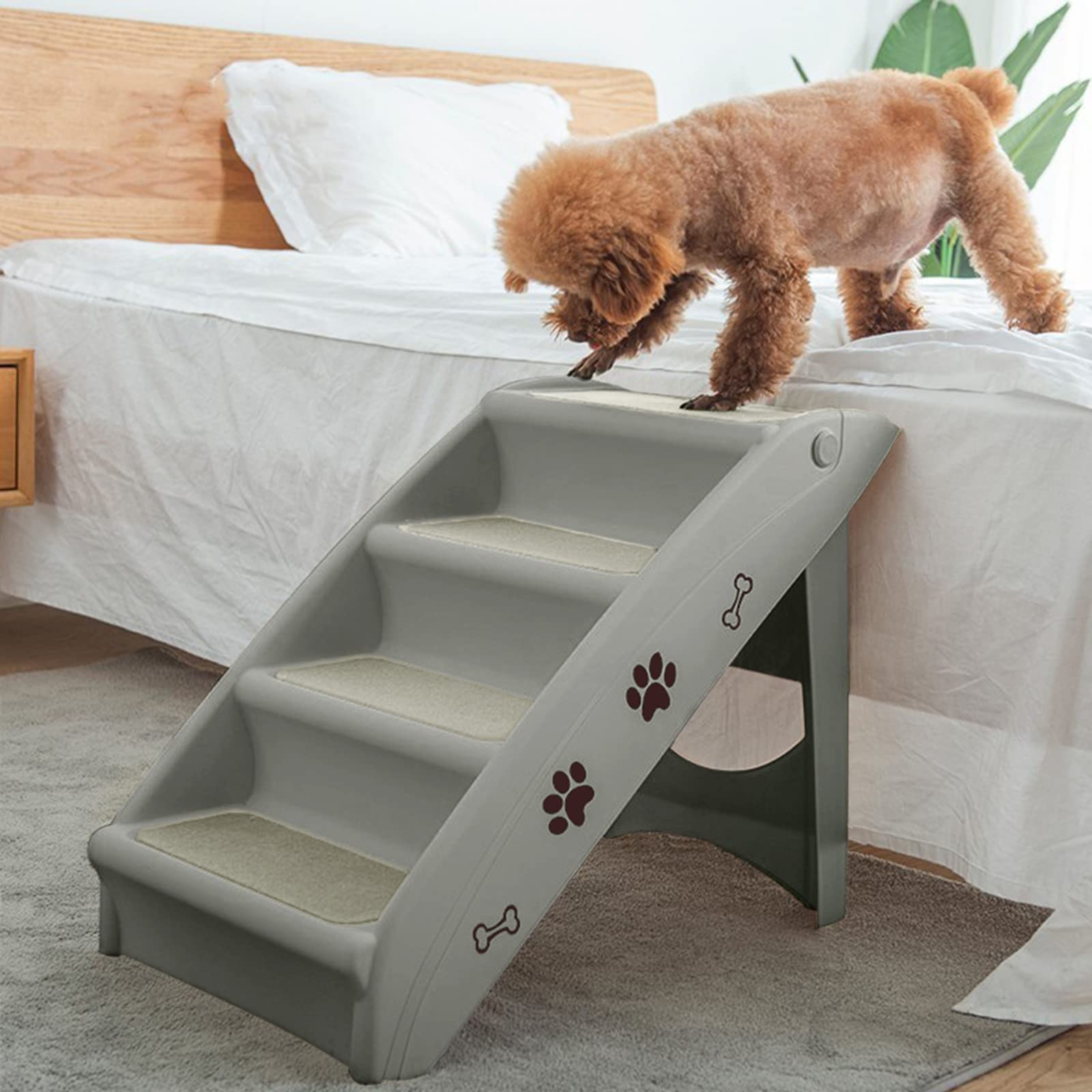LZQ Scala per cani di piccola taglia, pieghevole, in plastica PP, altezza 50 cm, con gradini antiscivolo, per cani e gatti, per arrampicata e graffi, grigio