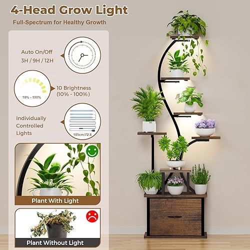 Miniatura 2 de Soporte para plantas de interior con luces de crecimiento - Estantería iluminada de 8 niveles para plantas de interior con cajón, soporte grande de