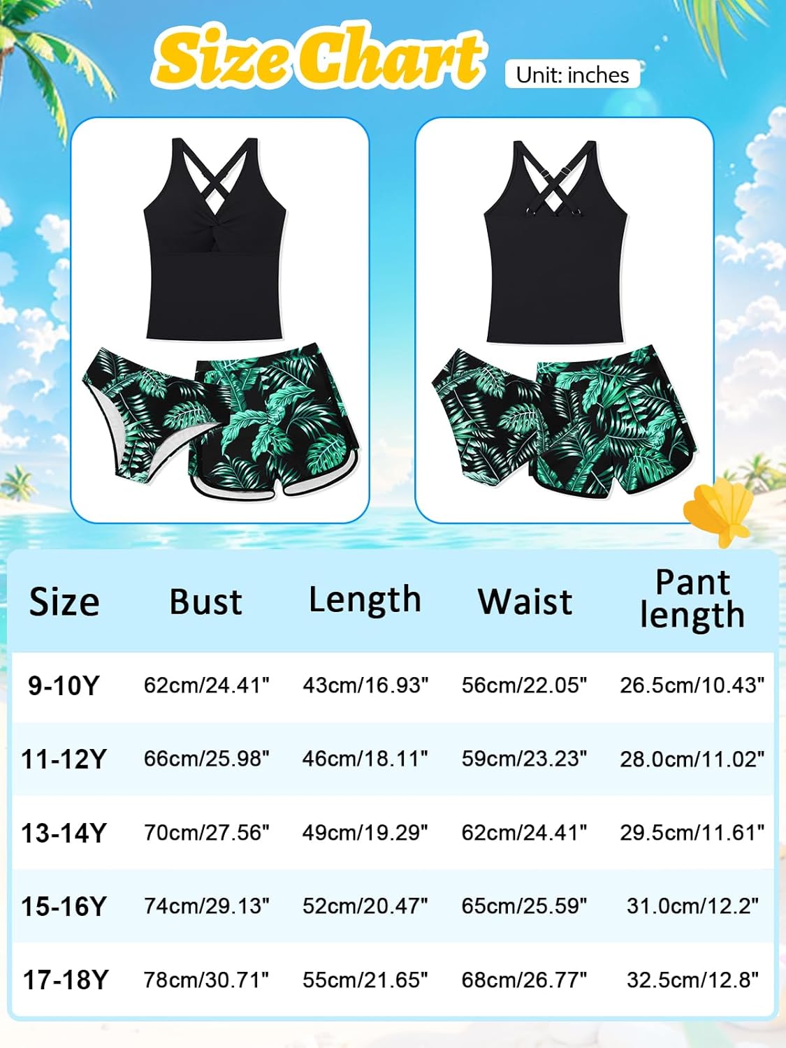 Girls Tankini Swimsuit Criss Cross Ruched Tankini Sets with Print Shorts 3 Piece Bathing Suits for Girls Swim 9-18Y - Image 6