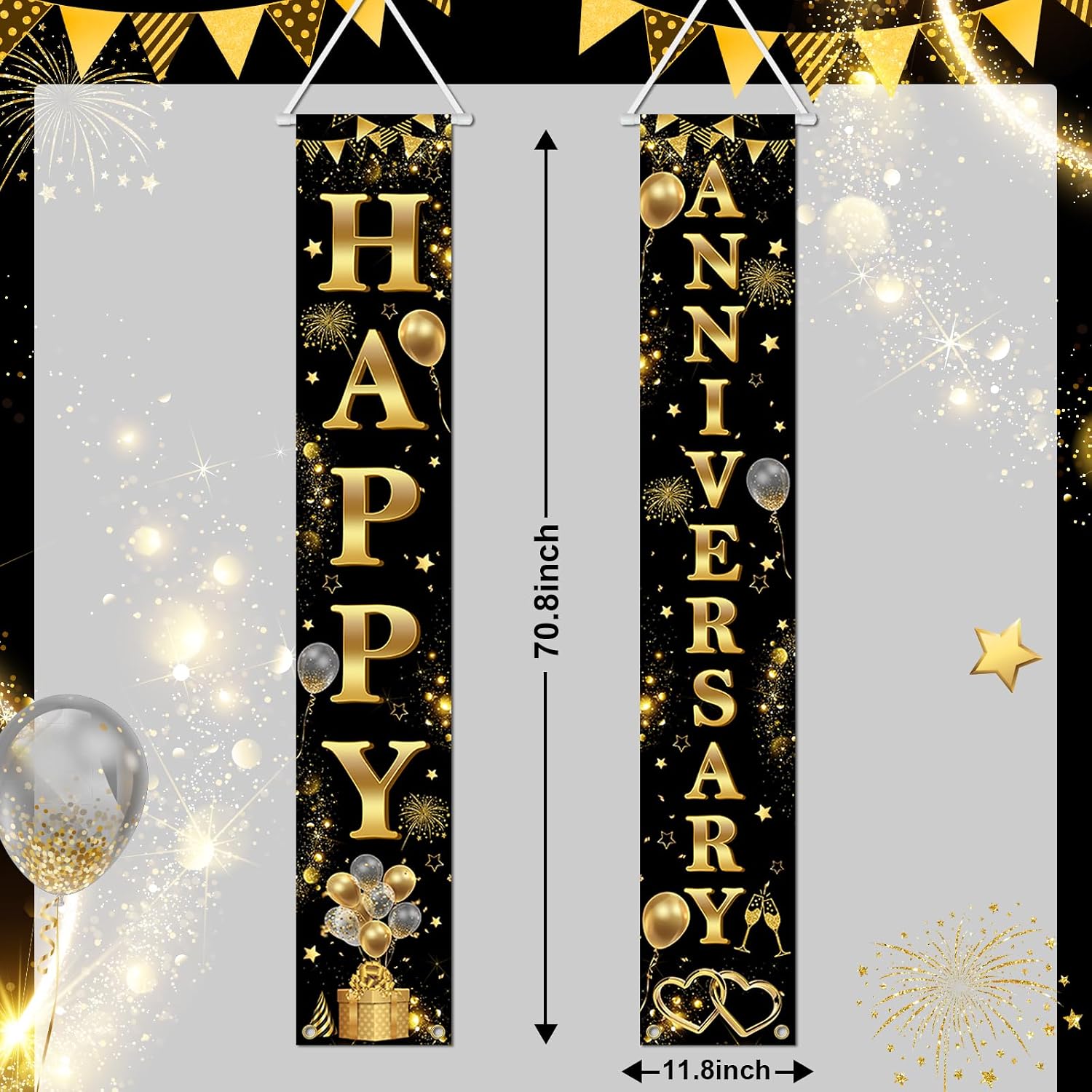 Avezano Happy Anniversary Door Banner Black and Gold Anniversary Decorations Wedding Party Banner Decorations Indoor Outdoor