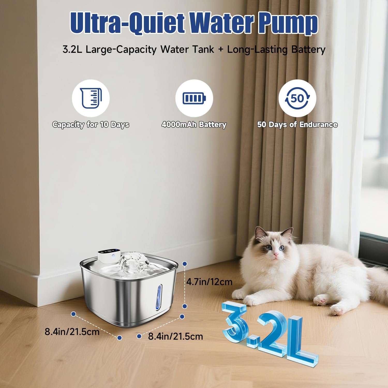 Fuente de agua para gatos de 3.2 L para beber con sensor de movimiento, fuente de agua de acero inoxidable para mascotas, dispensador de agua inalámbrico para perros, funciona con pilas y