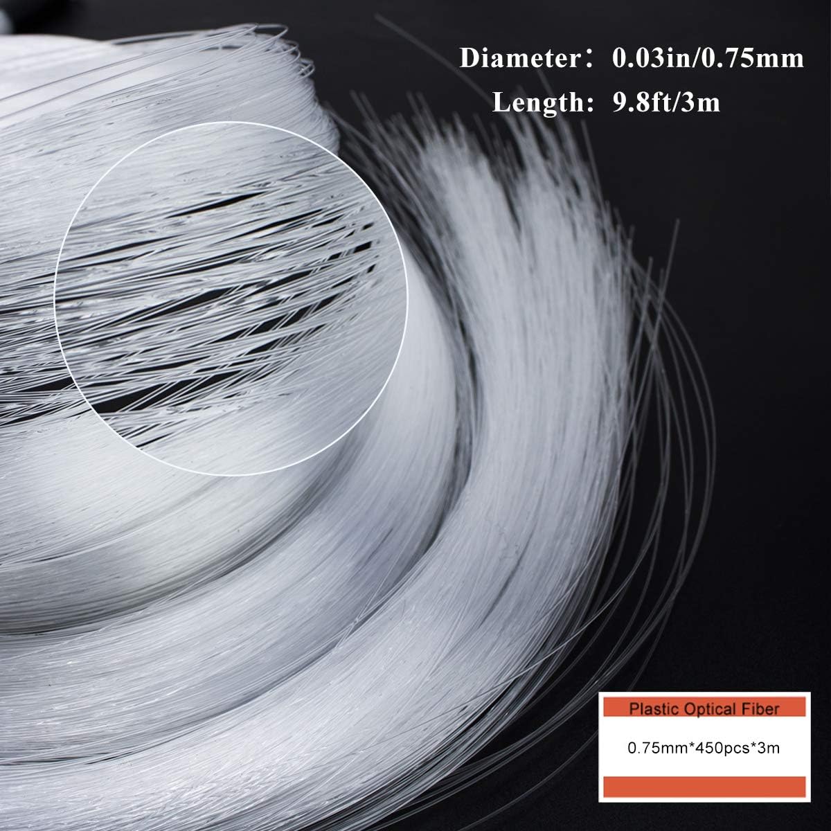 AZIMOM PMMA Plastic 450pcs*0.03in*9.8ft Fiber Optic Cable Strands 0.75mm 3Meter Length End Glow Roll Fiber String for Star Sky Roof Ceiling Decoration All Kind LED Light Engine Driver