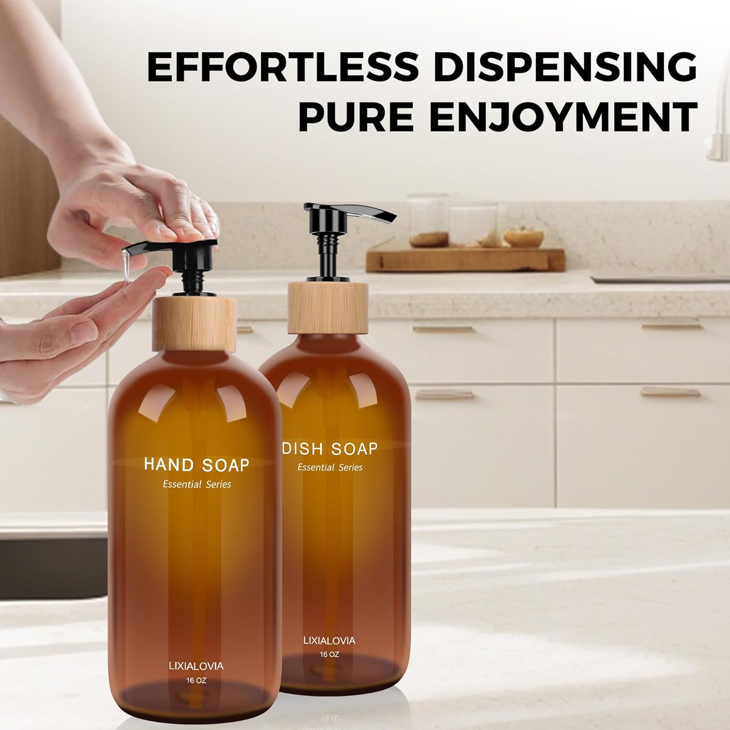 Dish and Hand Soap Dispenser Set with Tray, 16OZ Refillable Glass Bottles and Wood Pump, Double Bottle Countertop Organizer for Kitchen and Bathroom (Amber) - Image 3
