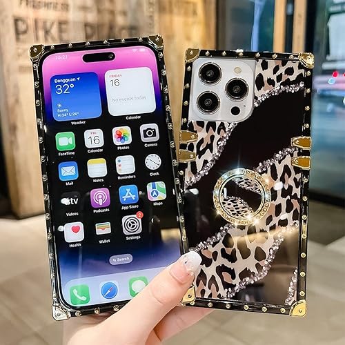 Miniatura 2 de Funda cuadrada de lujo compatible con iPhone 15 Pro de 6.1 pulgadas, funda con soporte de diamante de leopardo, silicona suave y brillante a prueba