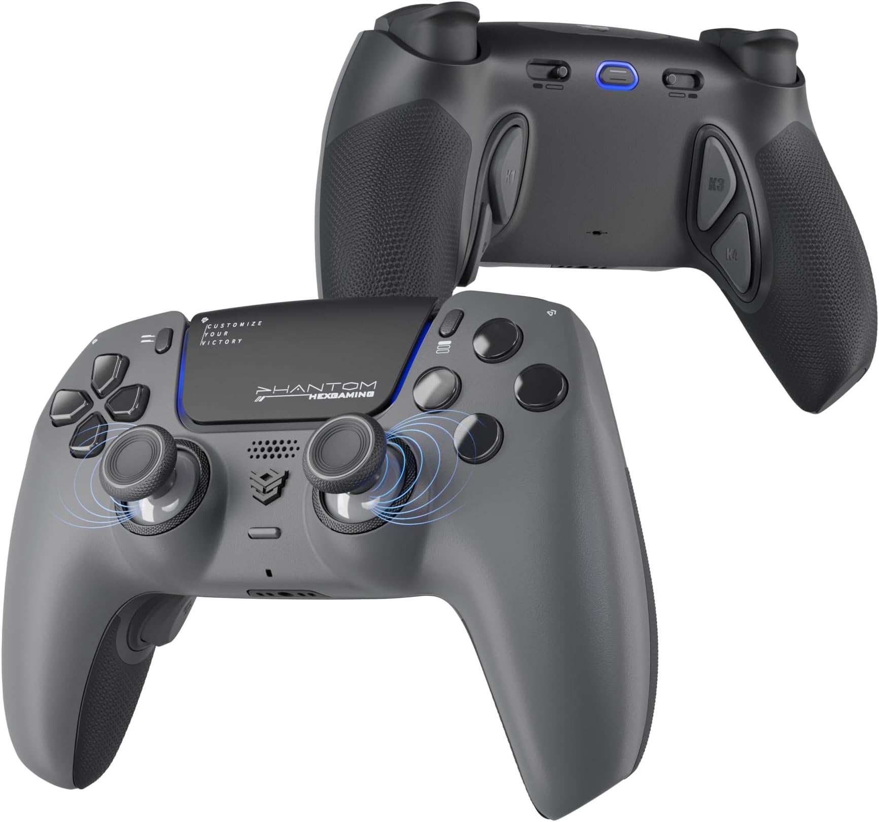 HEXGAMING PHANTOM Pro Controller with 4 Remappable Buttons, 6 Remapping Profiles, 8 Interchangeable Analog Stick, and Adjustable Triggers Compatible with ps5, PC, Mobile - Hall Effect Shadow Grey