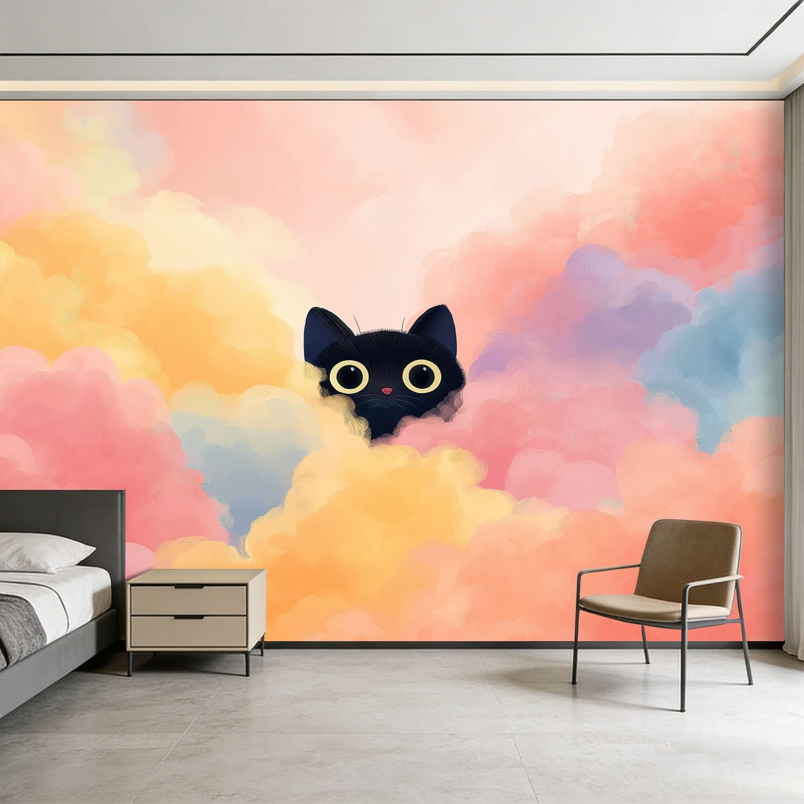 Tapeta mural 3D panoramiczny fototapeta 200 x 140 cm marzycielska chmura kot tło ściana dekoracja wnętrza tapeta, różowy efekt 3D plakat dekoracja do sypialni salonu