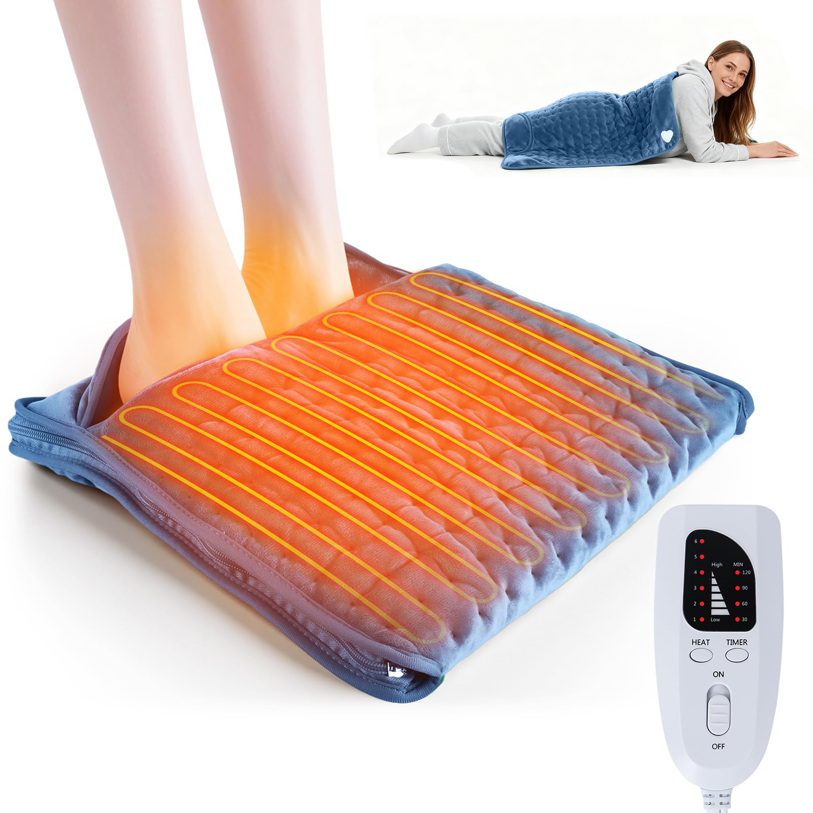 Scaldapiedi elettrico per donne, uomini e anziani, riscaldamento rapido per piedi con 6 impostazioni di calore e timer, cuscinetto riscaldante extra large lavabile,Cerniera blu navy 40x80 cm