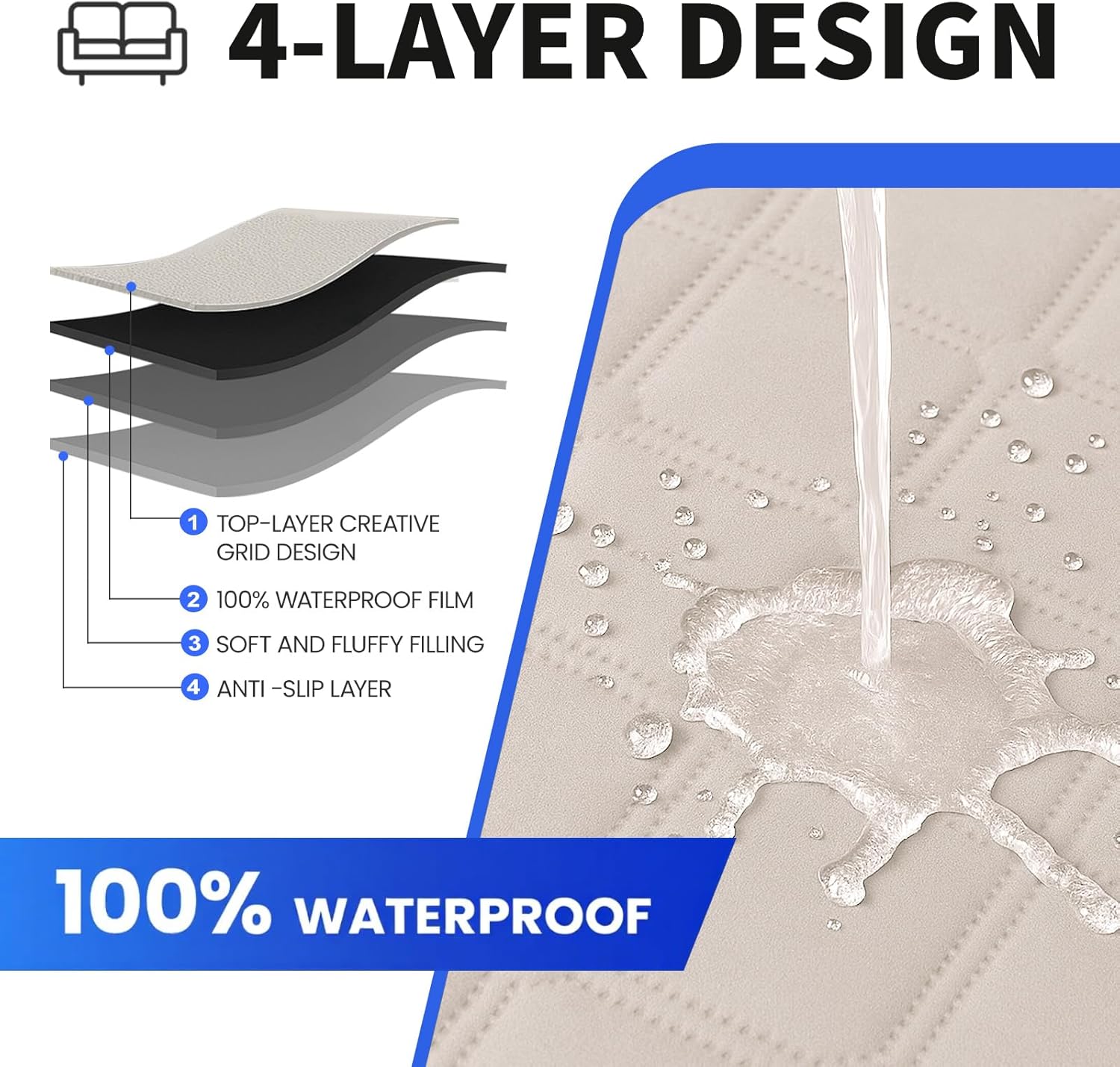 XINEAGE Waterproof Couch Cover for Dogs, 3 Seater Sofa Cover with Elastic Straps & Pockets, Triple Non-Slip Protection, Washable Furniture Protector for Kids (69" Sofa, Beige)