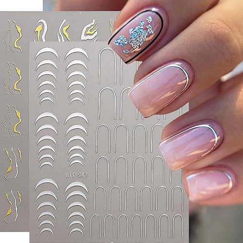 Miniatura 4 de 6 hojas brillantes de línea francesa calcomanías para arte de uñas, calcomanías 3D con purpurina dorada y plateada, líneas onduladas, diseños de