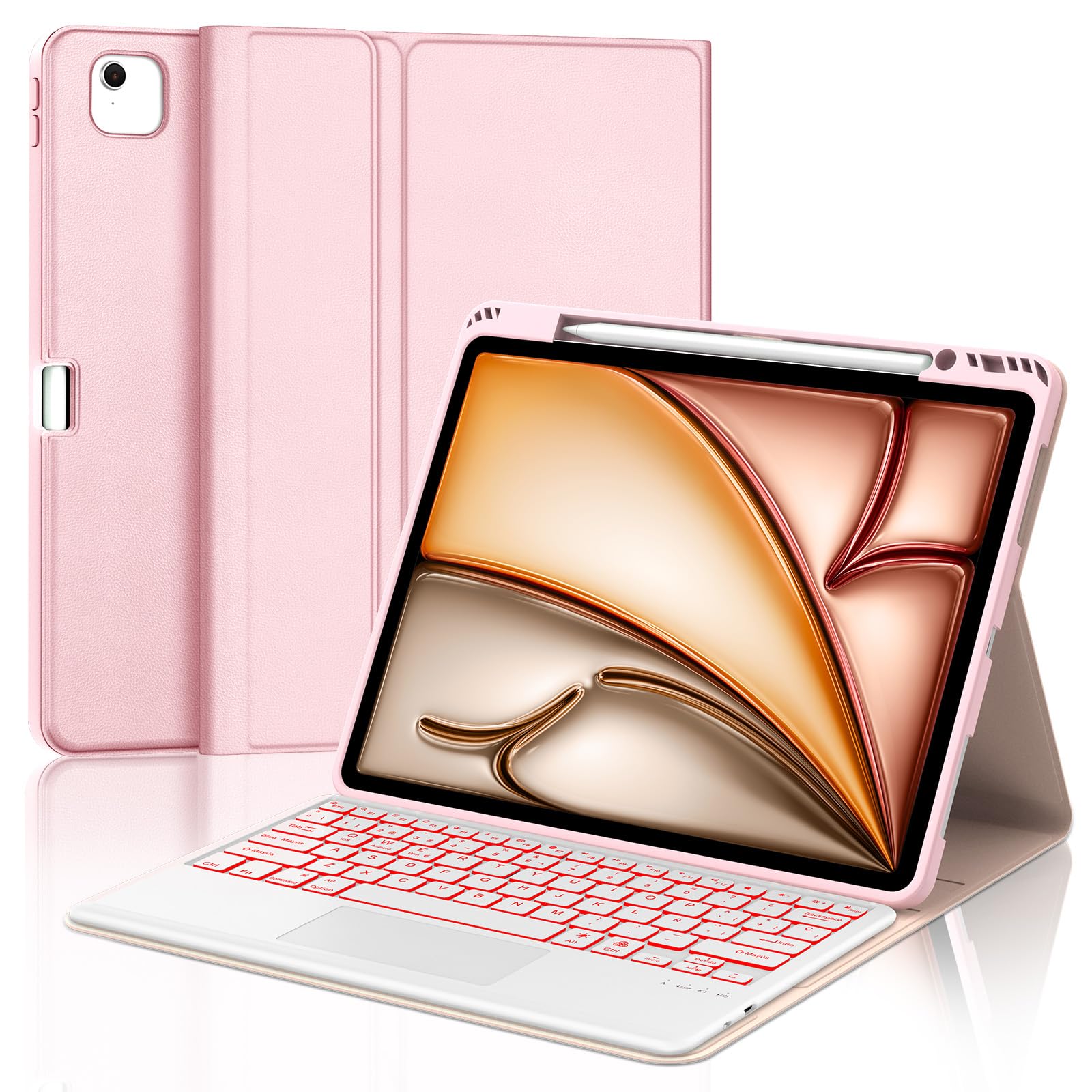 IVEOPPE Teclado para iPad Air 13 Pulgadas M4 2026/M3 2025/M2 2024 con Touchpad, Funda Cover Keyboard Retroiluminado de 7 Colores Español Ñ Bluetooth Desmontable para iPad Pro 12.9 3-6 Gen, Rosa