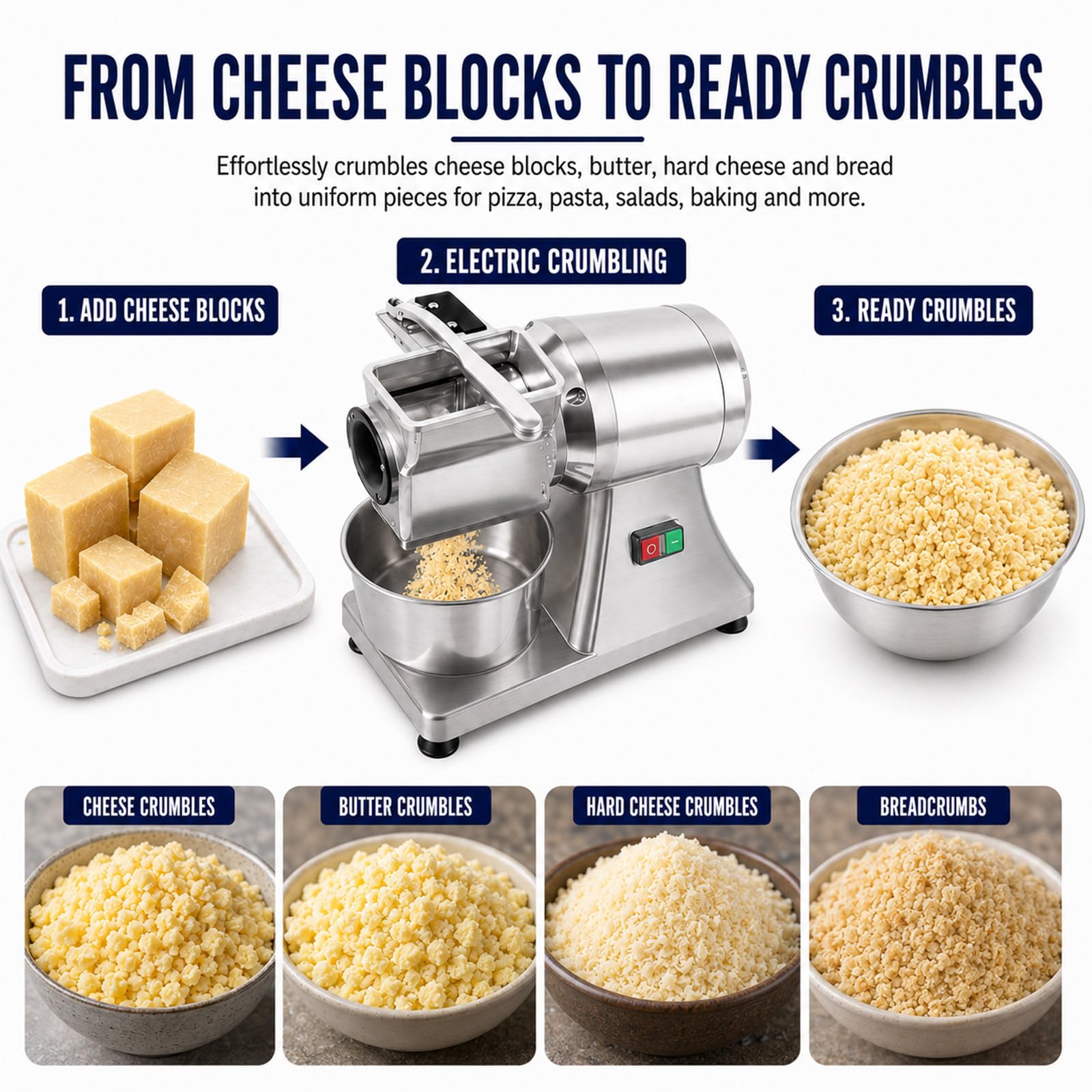 Gleichmäßigere Käseraspel, Käsereibe Elektrisch 550W, 40 kg/h, leicht zu reinigender Trichter, für Pasta, Pizza, Salate, Gratin in Gastronomie und Bäckerei