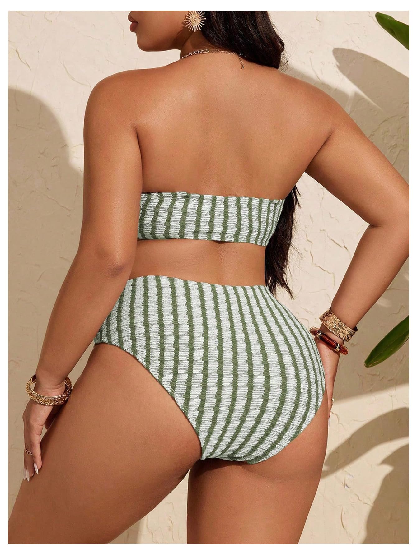 Women's Plus Size 2 Piece High Waist Bikini Set Striped Bandeau Top Tummy Control Bathing Suits Swimwear(Green,Large Plus)