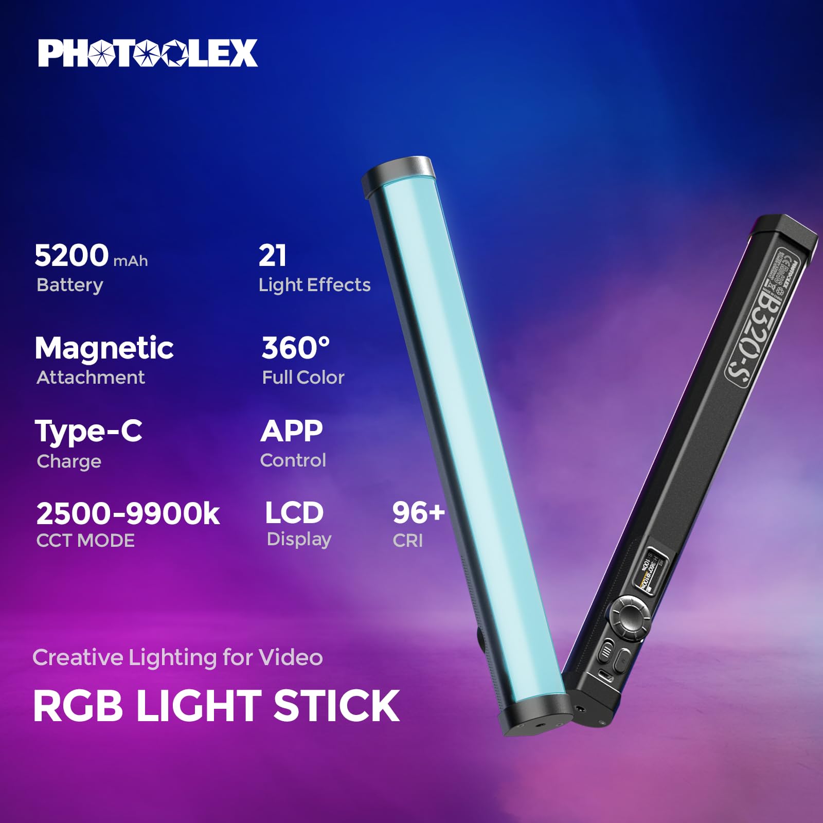 PHOTOOLEX Tubo de luz RGB, barra magnética de mano de 5200 mAh, varita de iluminación de video LED a todo color de 360°, 2500 K-9900 K, 21 escenas, CRI 96+, para fotografía de estudio, grabación de