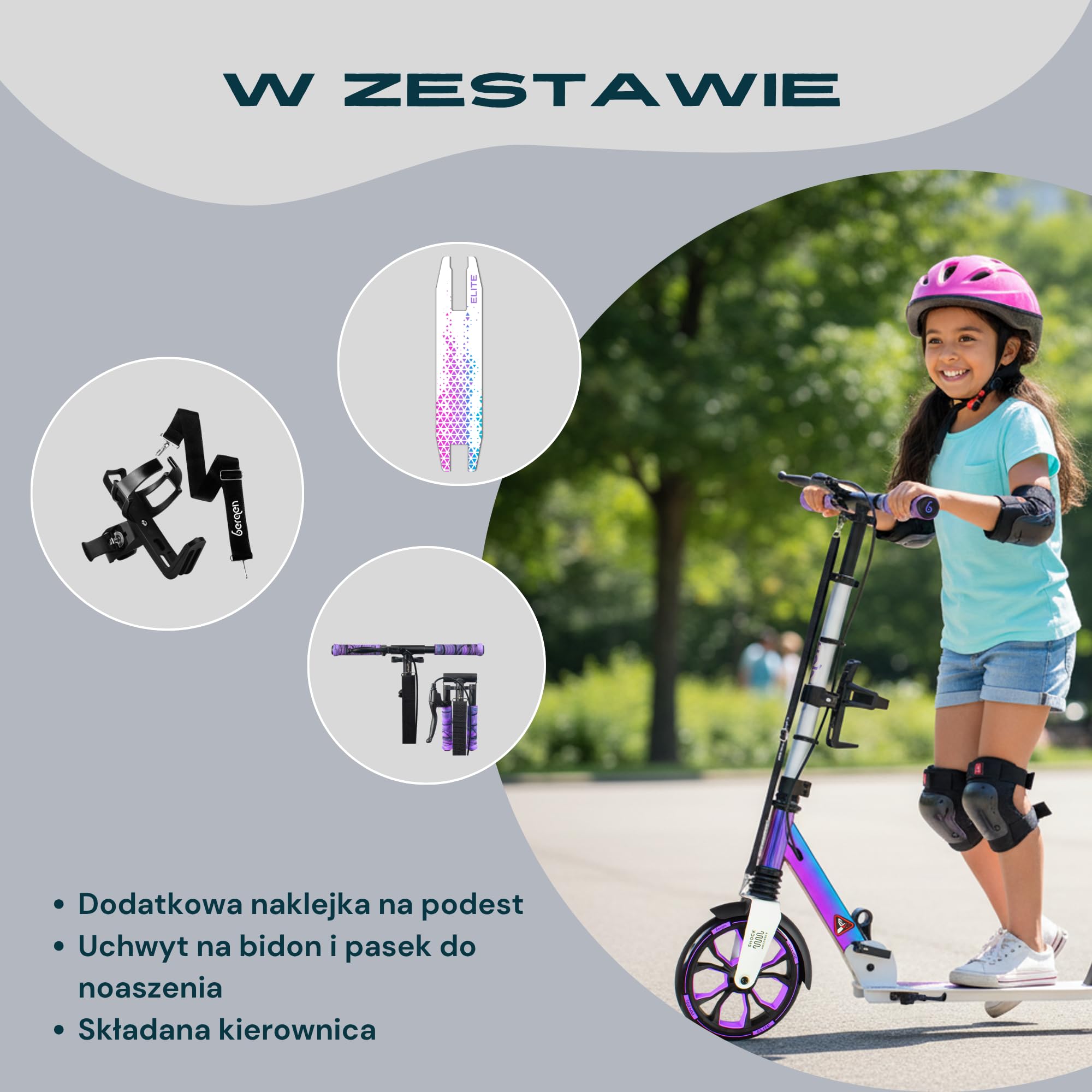 Bergen City Scooter Elite hulajnoga składana, aluminium, koła poliuretanowe 200 mm, amortyzator, hamulec ręczny i nożny, z regulacją wysokości, dla dzieci od 6 lat i dorosłych do 100 kg
