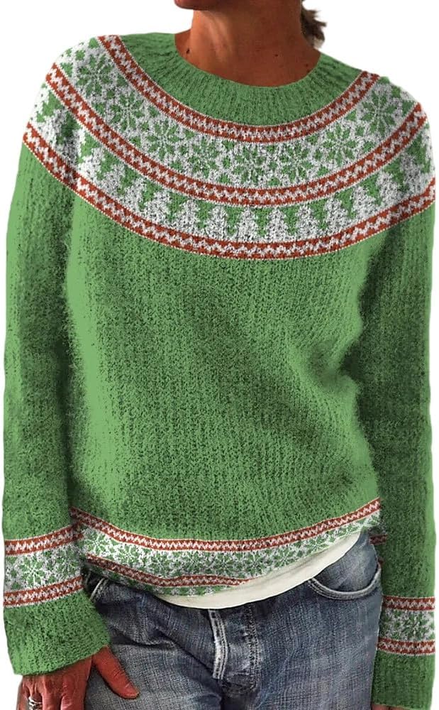 Fair Isle Sweater for Women Long Sleeve Sheep Sweater Casual Crewneck Chunky Pullover Knit Tops Early Fall Fashion