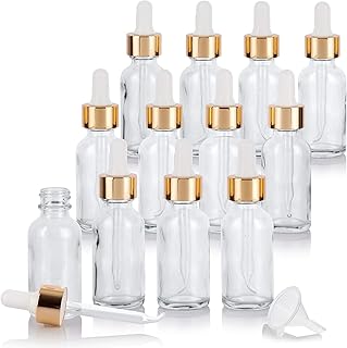 JUVITUS 1 oz Clear Glass Boston Round Bottle with Gold Metal and Glass Dropper (12 Pack) + Funnel