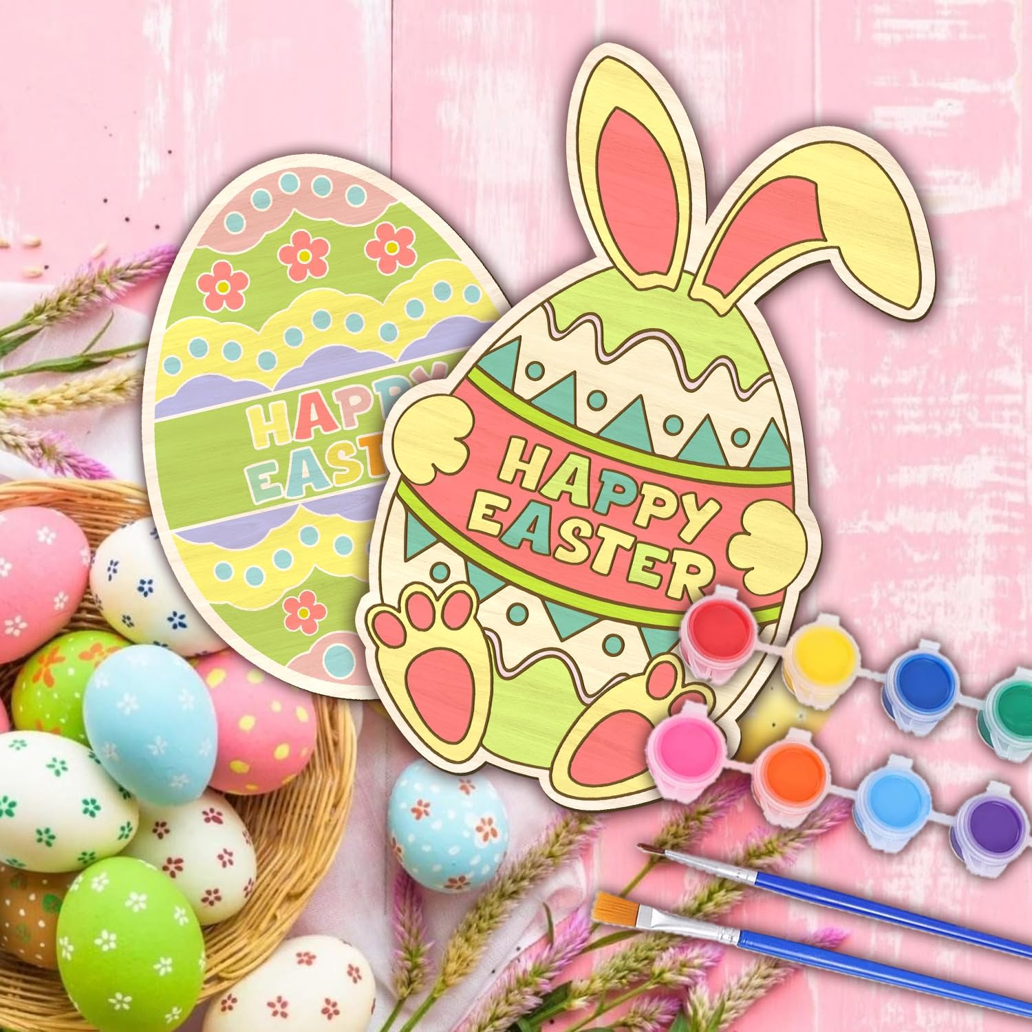 Rmaphy Personalized Easter Egg Painting Kits with Kids Name Custom Wooden Painting Egg Brush Paints DIY Easter Craft Set for Basket Stuffers Easter Gifts for Children-RABIT